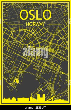 Yellow printout city poster with panoramic skyline and hand-drawn streets network on dark gray background of the downtown OSLO, NORWAY Stock Vector