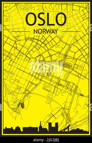 Golden printout city poster with panoramic skyline and hand-drawn streets network on yellow and black background of the downtown OSLO, NORWAY Stock Vector