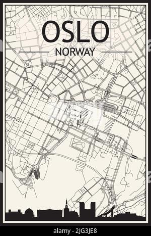 Light printout city poster with panoramic skyline and hand-drawn streets network on vintage beige background of the downtown OSLO, NORWAY Stock Vector