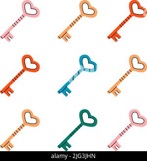 Set of heart keys silhouettes. Hand drawn colored love keys. Colored vintage door keys set. Stock Vector