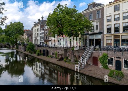 Canal-side living in the beautiful city of Utrecht, south east of Amsterdam in The Netherlands. Modern and traditional architecture mix effortlessly. Stock Photo