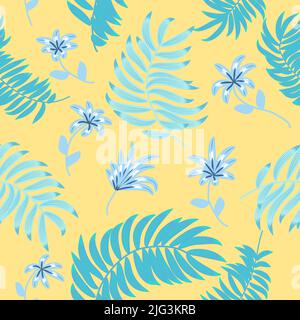 Seamless pattern with decorative blue leaves and flowers. Tropical vector background, jungle wallpaper. Stock Vector