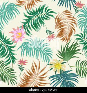 Vector tropical jungle seamless pattern with palm trees leaves and flowers, background for wedding,quotes, Birthday and invitation cards,greeting card Stock Vector