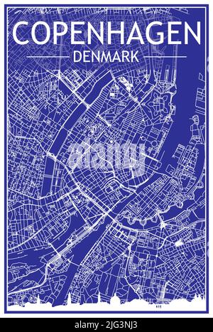 Technical drawing printout city poster with panoramic skyline and hand-drawn streets network on blue background of the downtown COPENHAGEN, DENMARK Stock Vector