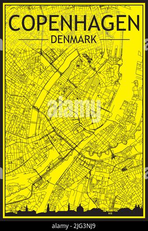 Golden printout city poster with panoramic skyline and hand-drawn streets network on yellow and black background of the downtown COPENHAGEN, DENMARK Stock Vector