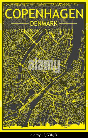 Yellow printout city poster with panoramic skyline and hand-drawn streets network on dark gray background of the downtown COPENHAGEN, DENMARK Stock Vector