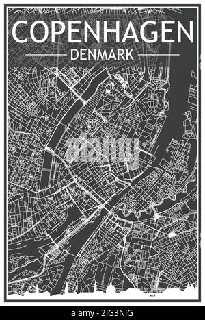 Dark printout city poster with panoramic skyline and hand-drawn streets network on dark gray background of the downtown COPENHAGEN, DENMARK Stock Vector