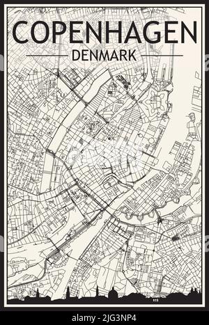 Light printout city poster with panoramic skyline and hand-drawn streets network on vintage beige background of the downtown COPENHAGEN, DENMARK Stock Vector