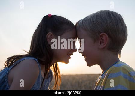 portrait of a girl and a boy looking at each other cutely, pressing their foreheads against the backdrop of the sunset. Family, friendship, offspring, Stock Photo