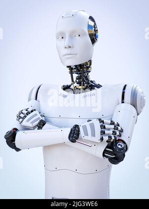 3D rendering of an android robot man standing with his arms crossed. Light bluish background. Artificial intelligence or virtual assistant concept. Stock Photo