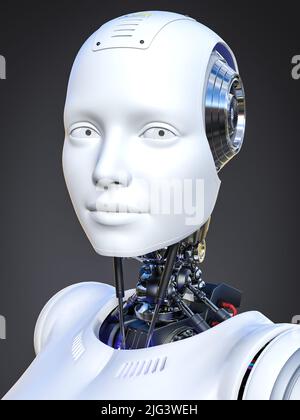 3D rendering head portrait of an android robot woman front view. Dark background. Artificial intelligence concept. Stock Photo
