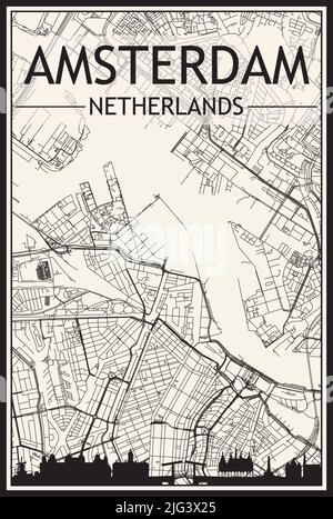 Light printout city poster with panoramic skyline and hand-drawn streets network on vintage beige background of the downtown AMSTERDAM, NETHERLANDS Stock Vector