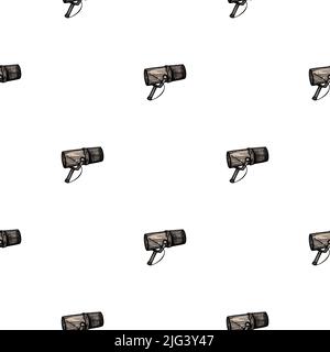 Microphone engraved seamless pattern. Music equipment for studio in hand drawn style. Sketch texture for fabric, wallpaper, textile, print, title, wra Stock Vector