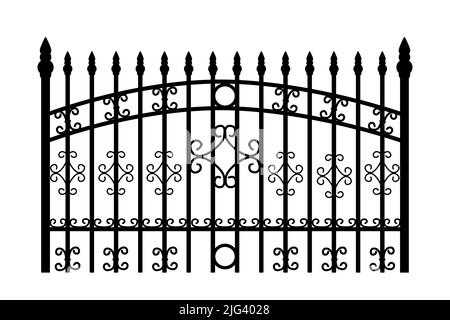 Decorative cast iron wrought fence silhouette with artistic forging.Metal guardrail.Steel modular railing.Gate with swirls.Forged lattice fence.Vector Stock Vector