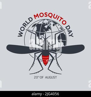 World Mosquito Day 20th of August. A mosquito sits on the Globe. Malaria awareness concept. Flat style illustration. Stock Vector