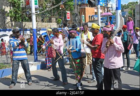 Burdwan, Purba Bardhaman, West Bengal / India - July 07, 2022: Indigenous people blocked roads in Burdwan with traditional weapons in multiple demands Stock Photo