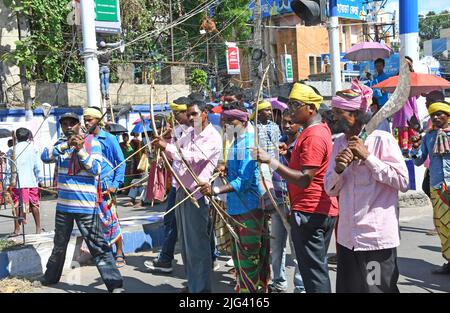 Burdwan, Purba Bardhaman, West Bengal / India - July 07, 2022: Indigenous people blocked roads in Burdwan with traditional weapons in multiple demands Stock Photo