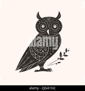 Tribal, ethnic, ancient style owl vector illustration. Stylish logo, icon, tattoo, poster or print design. Stock Vector