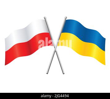 poland and ukraine flags in relationship alliance or versus conflict crossed flagpoles vector isolated on white background Stock Vector