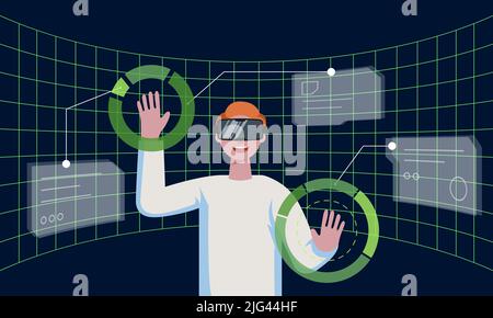 Man with VR helmet connecting to futuristic technology metaverse virtual reality and surrounded with future interface 3d hologram big data. Person working with meta cyber space headset. Vector eps Stock Vector