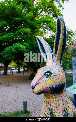 'Hartley Hare', a sculpture by Jacky Purtill in the Hares of Hampshire public art trail event by the Bishop's Palace, College Street, Winchester Stock Photo