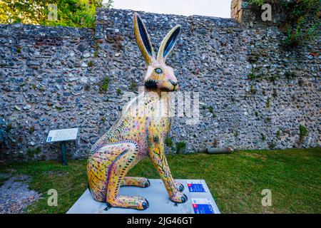 'Hartley Hare', a sculpture by Jacky Purtill in the Hares of Hampshire public art trail event by the Bishop's Palace, College Street, Winchester Stock Photo