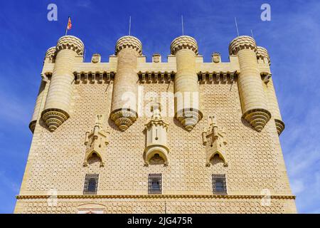 Main facade of the Alcazar castle in Segovia, a world heritage site, Spain. Stock Photo