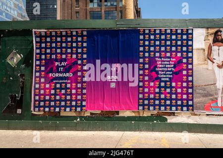 Posters advertising NFT’s associated with the GOATED cryptocurrency in the Hudson Yards neighborhood of New York on Wednesday, June 29, 2022. The start-up is marketed as a crypto for gamers.  (© Richard B. Levine) Stock Photo