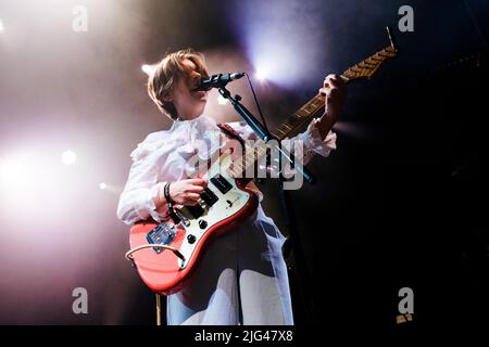 Roskilde, Denmark. 01st July, 2022. The English rock band The Smile  performs a live concert during the Danish music festival Roskilde Festival  2022 in Roskilde. Here guitarist Jonny Greenwood is seen live