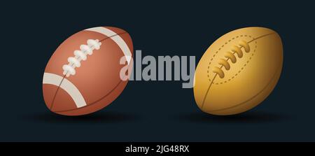 Rugby Ball vector Emoji illustration set. 3d cartoon Style Ball isolated on background. Set American football ball vector illustration. Stock Vector