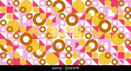 Abstract geometric seamless pattern in magenta, pink, yellow and brown colors on a white background. Circles, squares, triangles Stock Vector