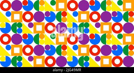 Abstract geometric seamless pattern in lgbt colors on a white background, red, orange, yellow, green, blue, violet. Circles, squares, triangles Stock Vector