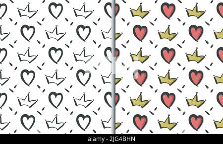 Heart, crown seamless patterns, collection of 2 illustrations. Hand drawn doodle cartoon graphic design. Monochrome and gradient colored geometrical Stock Vector