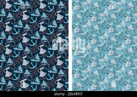 Marine boats seamless patterns, set of 2. Hand drawn doodle cartoon style. Blue grey red tones color. Geometrical grid surface layer. Transparent Stock Vector