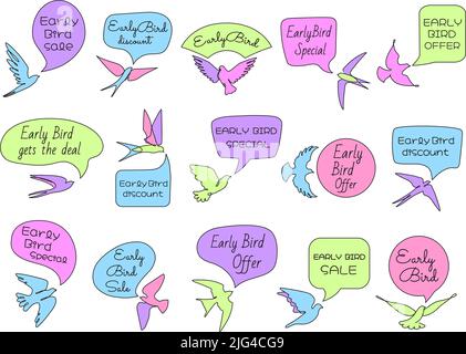 Early bird label. Special discount for early customers, shop sale offer tag with speech bubble frame and one line birds icons Stock Vector