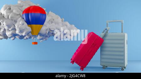 Travel in Armenia, the concept of traveling in Armenia, luggage, balloon in the clouds and the flag of Armenia, 3D work and 3D image Stock Photo