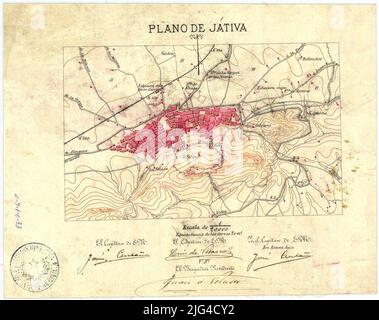 Játiva plane. 'Approved' the Brigadier President Juan de Velasco Manuscript signed and signed. The signature of Jose Contaño presents double, who also signs under the space reserved for 'Don Roman Ayza' drawn to Plumilla in Black and Siena Ink and illuminated to the watercolor in Carmin oriented with a arrow relief represented by curves of 20 m level of equidistance Seal of the 'Historical Commission of the Civil War' is also available to the document with SIG. SG+AR.G-T.3-C.2-231, of equal content Stock Photo