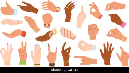 Hand gestures. Human hands hold, point and grip. Multiethnic hands with accessories on wrists vector Illustration set Stock Vector