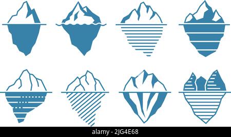 Flat iceberg. Floating acebergs with underwater part and tip, infographic template and arctic glacier vector illustration set Stock Vector