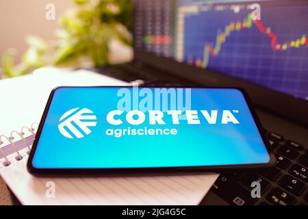 In this photo illustration, the Corteva, Inc. logo is seen displayed on a smartphone screen. Stock Photo