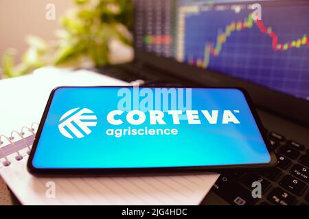 Brazil. 07th July, 2022. In this photo illustration, the Corteva, Inc. logo is seen displayed on a smartphone screen. (Photo by Rafael Henrique/SOPA Images/Sipa USA) Credit: Sipa USA/Alamy Live News Stock Photo