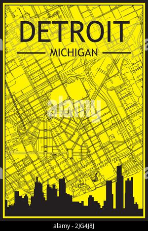 Golden printout city poster with panoramic skyline and hand-drawn streets network on yellow and black background of the downtown DETROIT, MICHIGAN Stock Vector