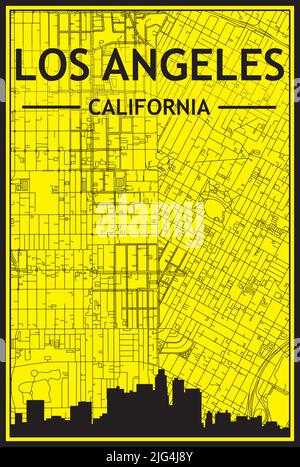 Golden printout city poster with panoramic skyline and hand-drawn streets network on yellow and black background of the downtown LOS ANGELES, CALIFORN Stock Vector