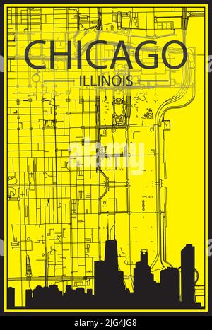 Golden printout city poster with panoramic skyline and hand-drawn streets network on yellow and black background of the downtown CHICAGO, ILLINOIS Stock Vector