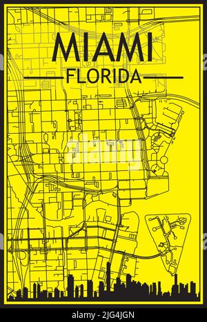 Golden printout city poster with panoramic skyline and hand-drawn streets network on yellow and black background of the downtown MIAMI, FLORIDA Stock Vector