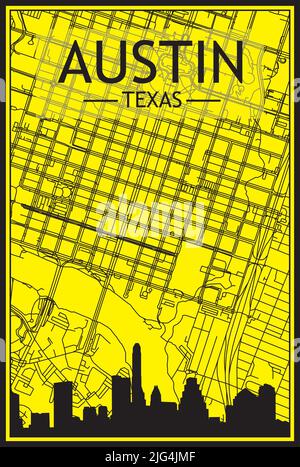 Golden printout city poster with panoramic skyline and hand-drawn streets network on yellow and black background of the downtown AUSTIN, TEXAS Stock Vector