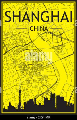 Golden printout city poster with panoramic skyline and hand-drawn streets network on yellow and black background of the downtown SHANGHAI, CHINA Stock Vector