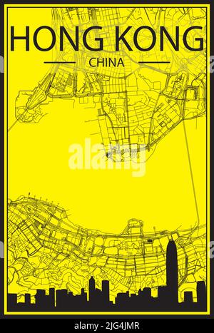 Golden printout city poster with panoramic skyline and hand-drawn streets network on yellow and black background of the downtown HONG KONG, CHINA Stock Vector