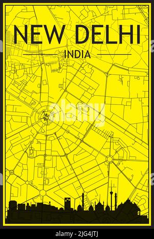 Golden printout city poster with panoramic skyline and hand-drawn streets network on yellow and black background of the downtown NEW DELHI, INDIA Stock Vector