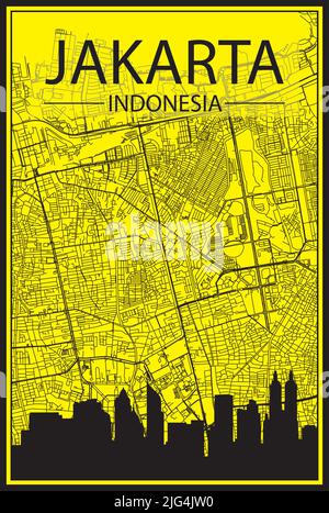 Golden printout city poster with panoramic skyline and hand-drawn streets network on yellow and black background of the downtown JAKARTA, INDONESIA Stock Vector